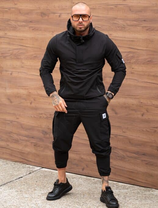 Ανδρικό αθλητικό σετ τεχνικό ύφασμα hoodie-μαύρο-κωδ 7109