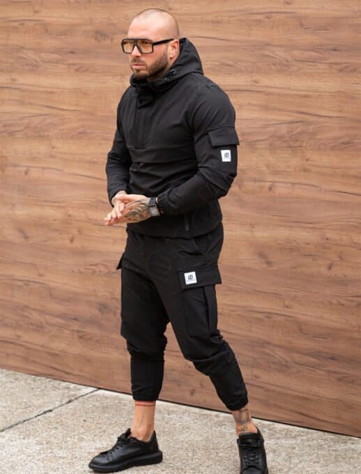 Ανδρικό αθλητικό σετ τεχνικό ύφασμα hoodie-μαύρο-κωδ 7109