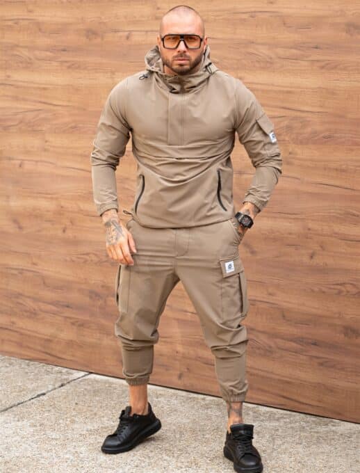 Ανδρικό αθλητικό σετ τεχνικό ύφασμα hoodie-χακί-κωδ 7109-1