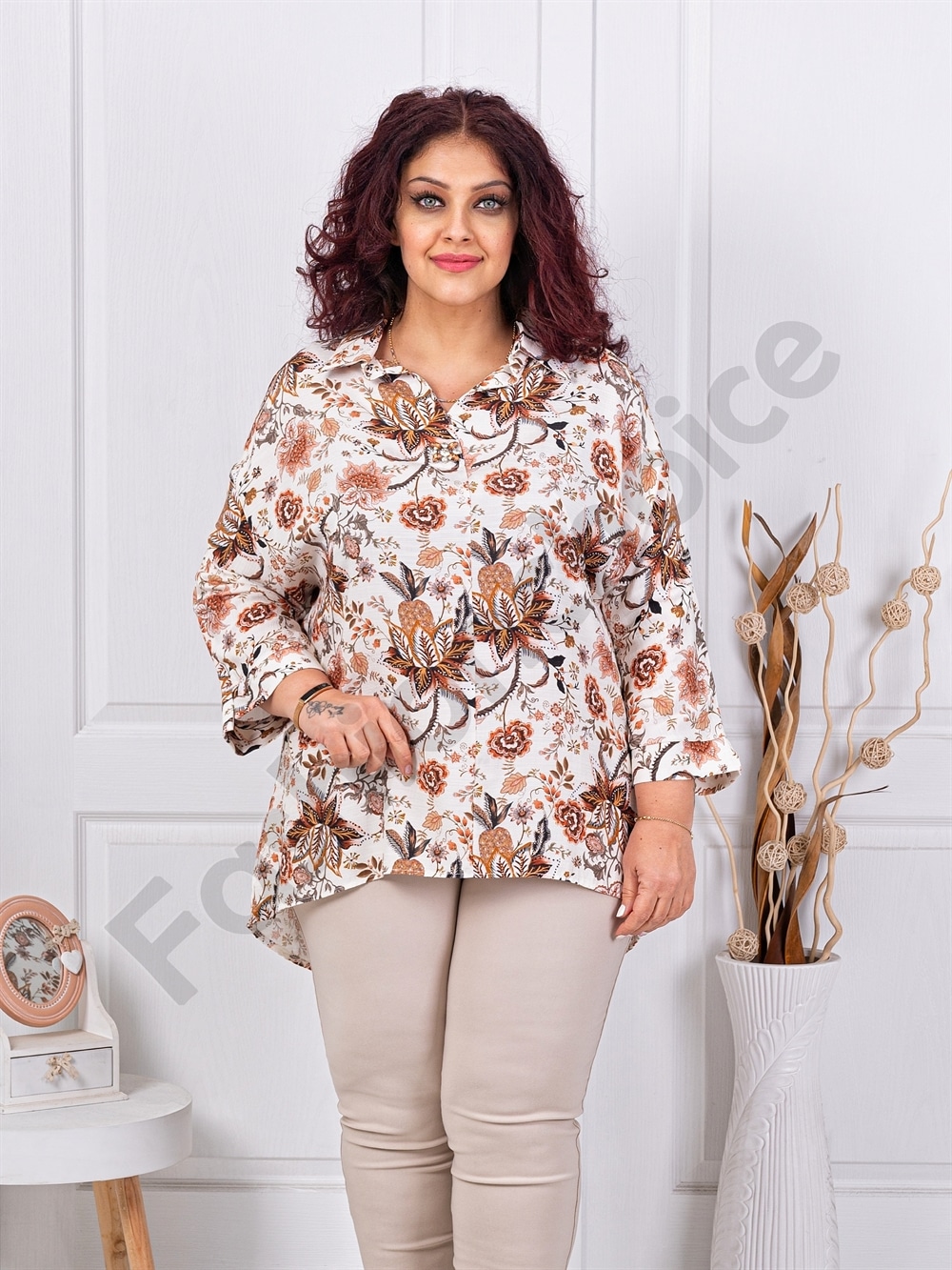 Plus size πουκάμισο φλοράλ-καφέ-κωδ 82358-2
