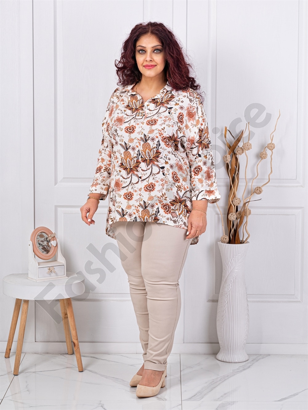 Plus size πουκάμισο φλοράλ-καφέ-κωδ 82358-2