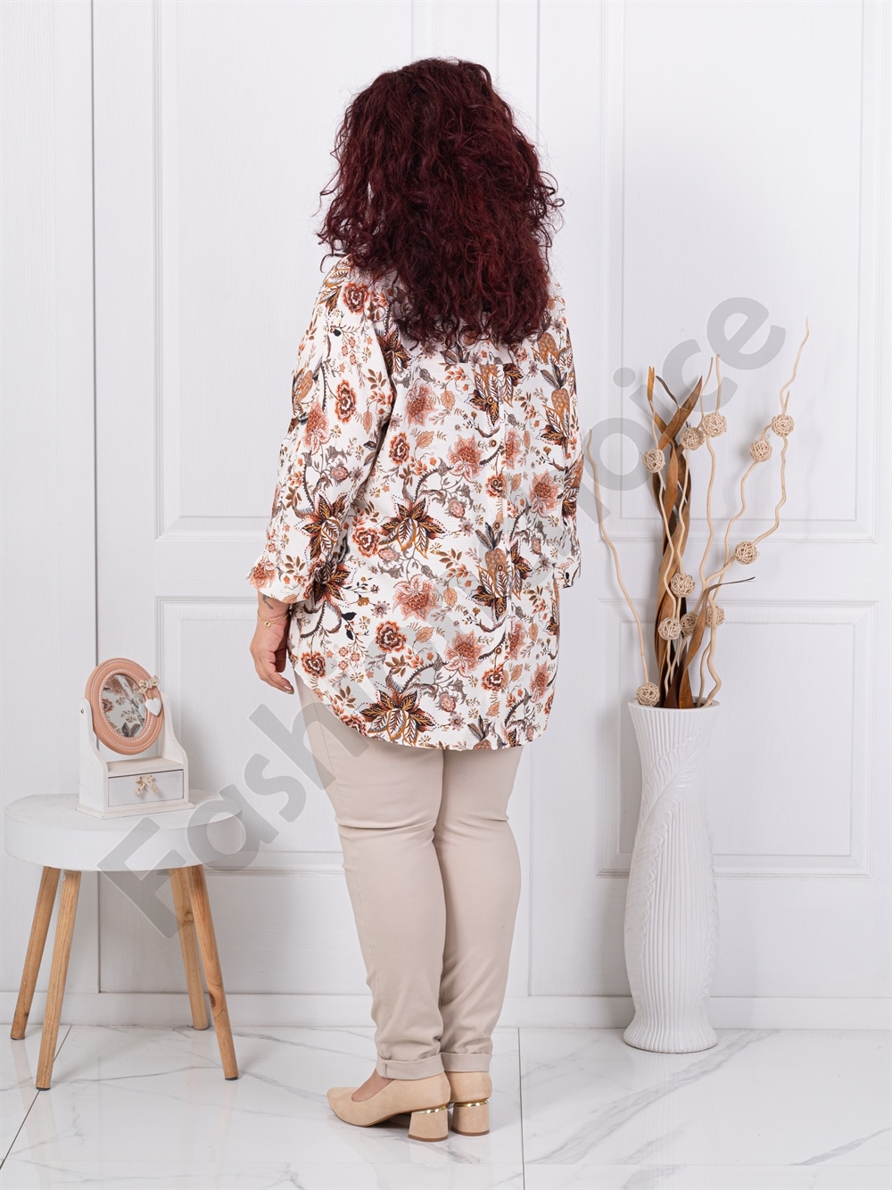 Plus size πουκάμισο φλοράλ-καφέ-κωδ 82358-2