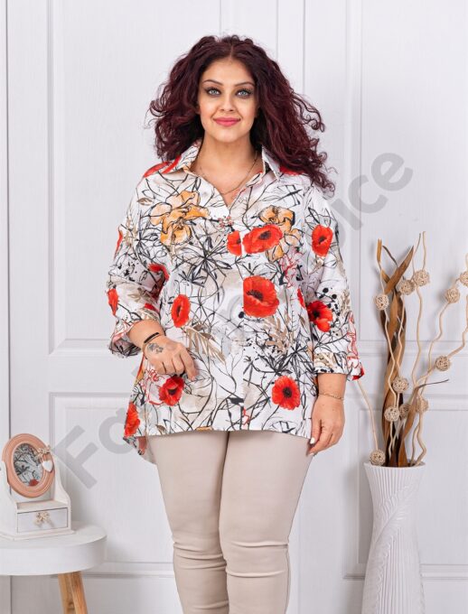 Plus size πουκάμισο με παπαρούνες-κόκκινο-κωδ 82356