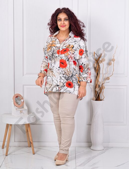 Plus size πουκάμισο με παπαρούνες-κόκκινο-κωδ 82356