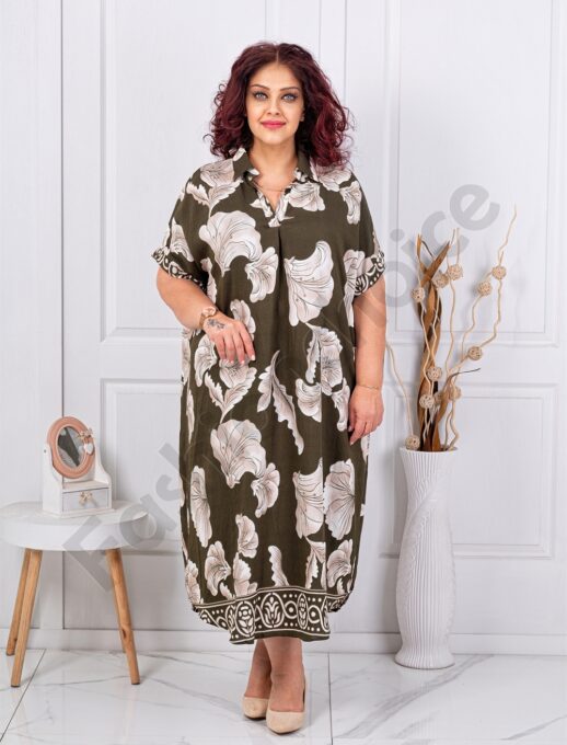 Plus size φόρεμα με γιακά-χακί-κωδ 8758-2