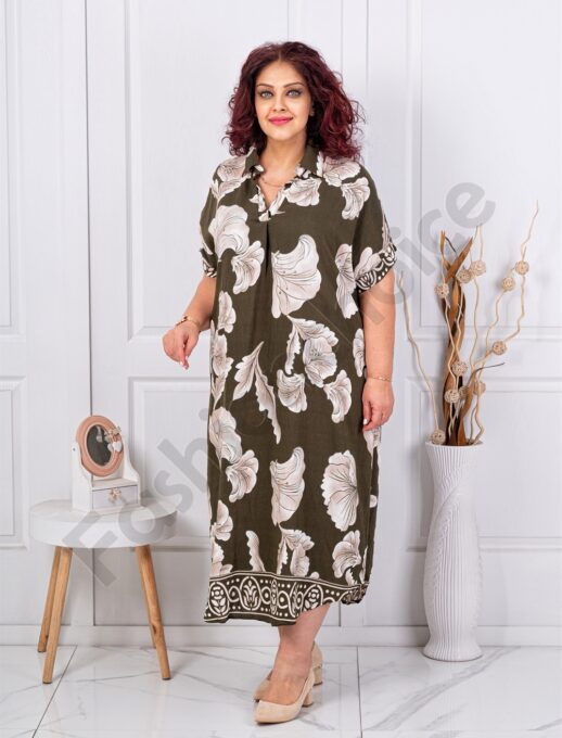 Plus size φόρεμα με γιακά-χακί-κωδ 8758-2