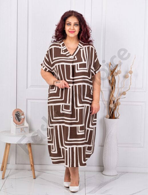 Plus size φόρεμα με γεωμετρικά σχήματα-καφέ-κωδ 8752