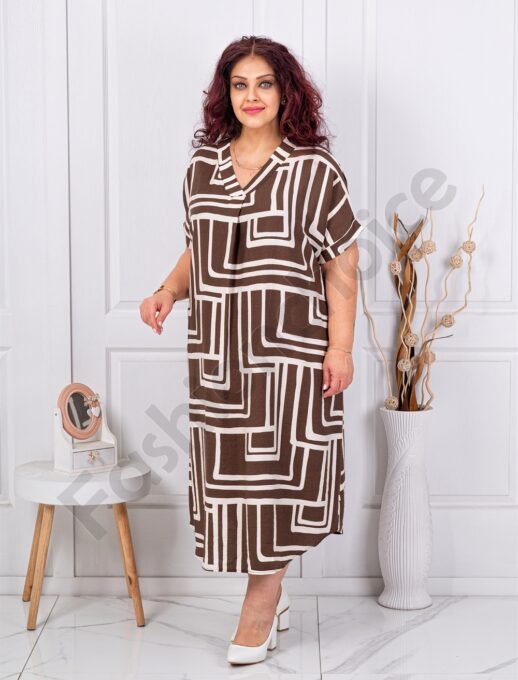 Plus size φόρεμα με γεωμετρικά σχήματα-καφέ-κωδ 8752