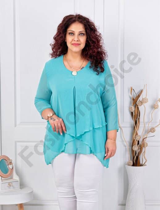 Plus size ασύμμετρη μπλούζα από σιφόν-τυρκουάζ-κωδ 25003-4