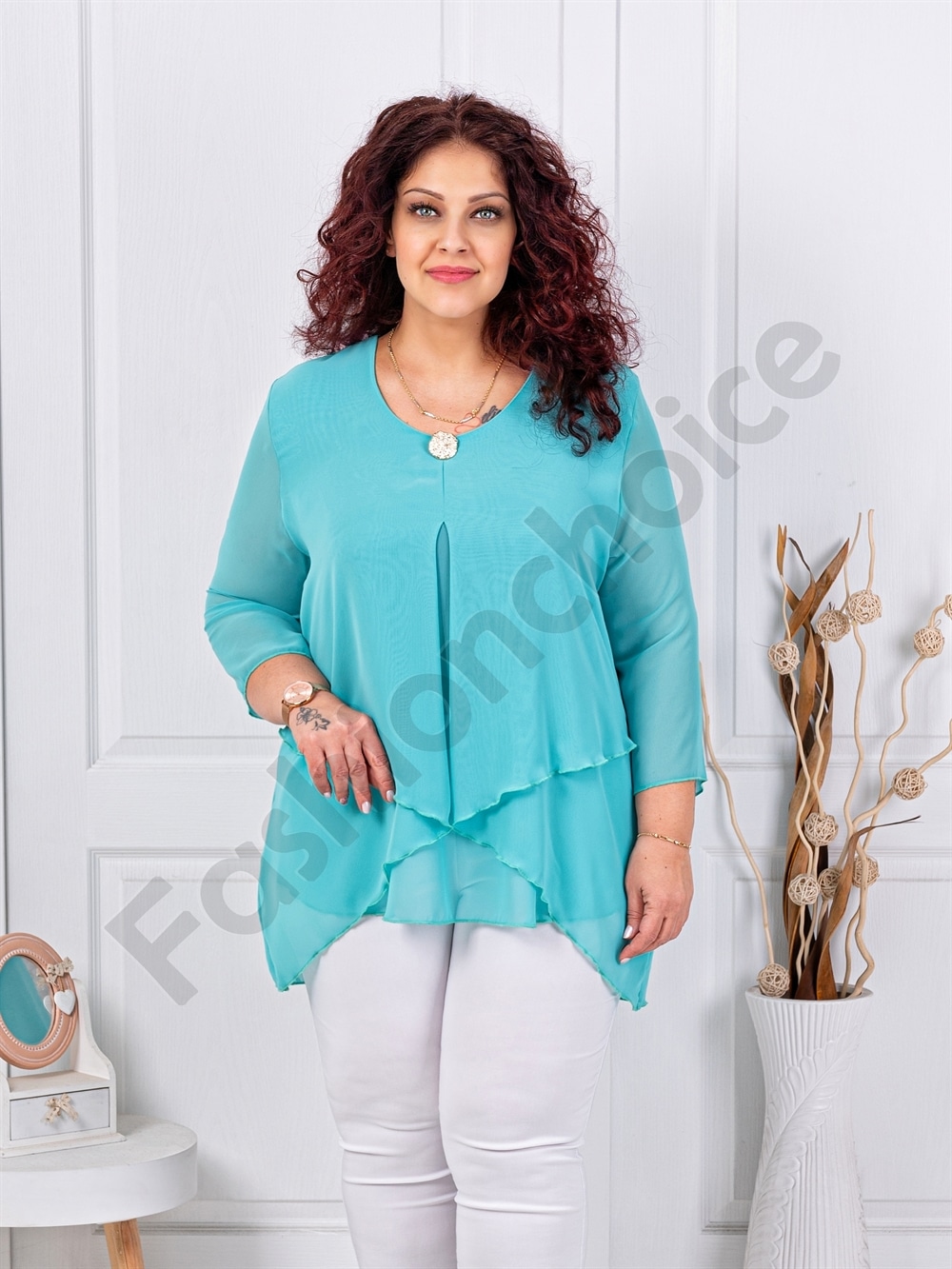 Plus size ασύμμετρη μπλούζα από σιφόν-τυρκουάζ-κωδ 25003-4