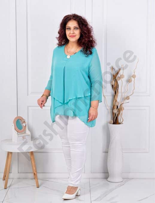 Plus size ασύμμετρη μπλούζα από σιφόν-τυρκουάζ-κωδ 25003-4