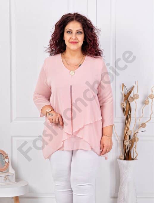Plus size ασύμμετρη μπλούζα από σιφόν-ροζ-κωδ 25003-2