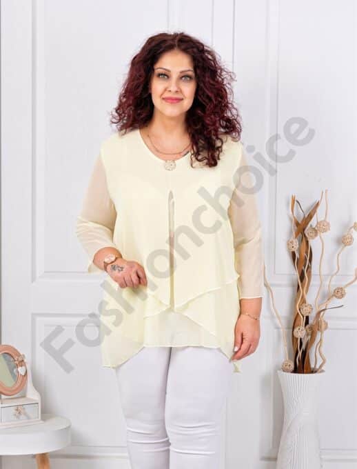 Plus size ασύμμετρη μπλούζα από σιφόν-γαλακτοκίτρινο-κωδ 25003-1