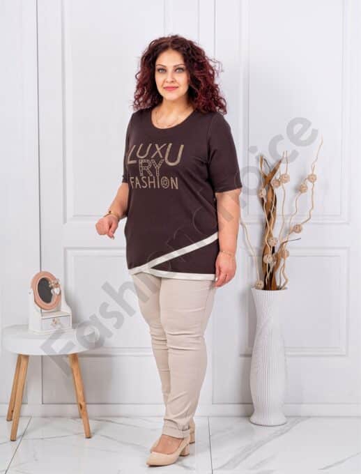 Plus size τουνίκ με απλικέ στρας Luxury Fashion-καφέ-κωδ 1273-2