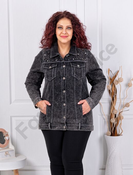 Plus size τζιν μπουφάν με απλικέ στρας και πέρλες-κωδ 3925