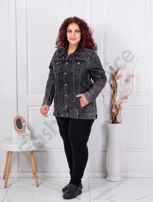 Plus size τζιν μπουφάν με απλικέ στρας και πέρλες-κωδ 3925