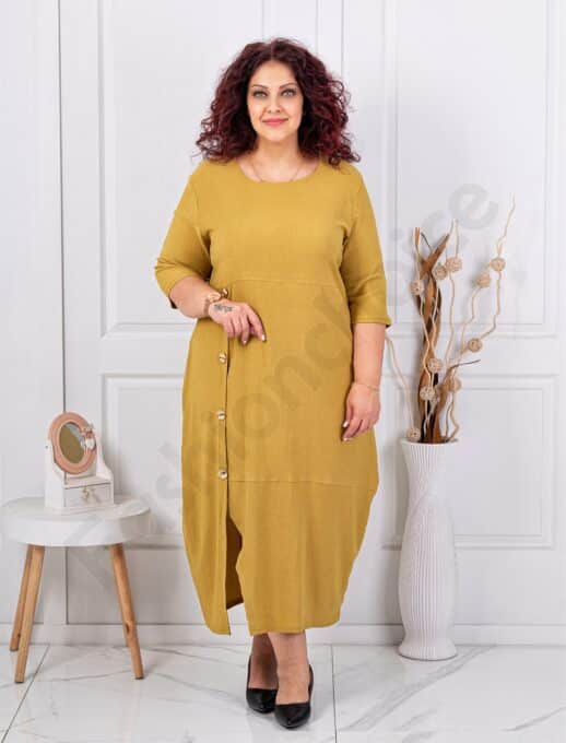 Plus size φόρεμα με άνοιγμα στο πλάι-μουσταρδί-κωδ 1484-1