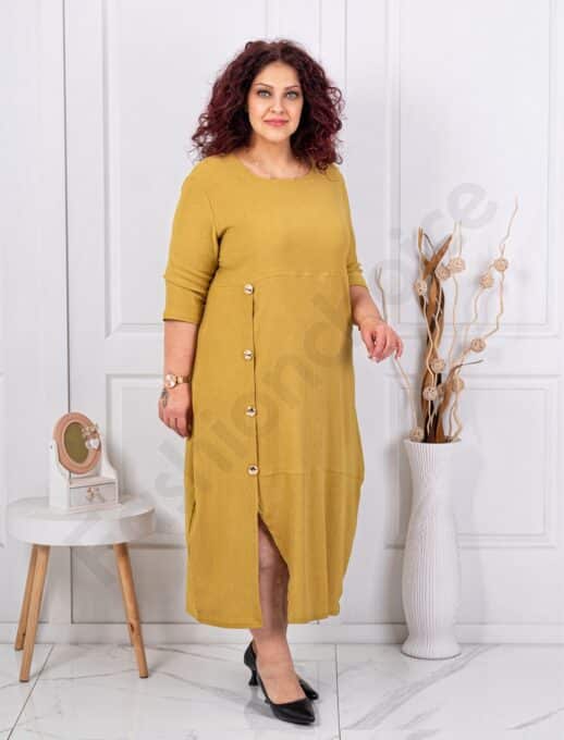 Plus size φόρεμα με άνοιγμα στο πλάι-μουσταρδί-κωδ 1484-1
