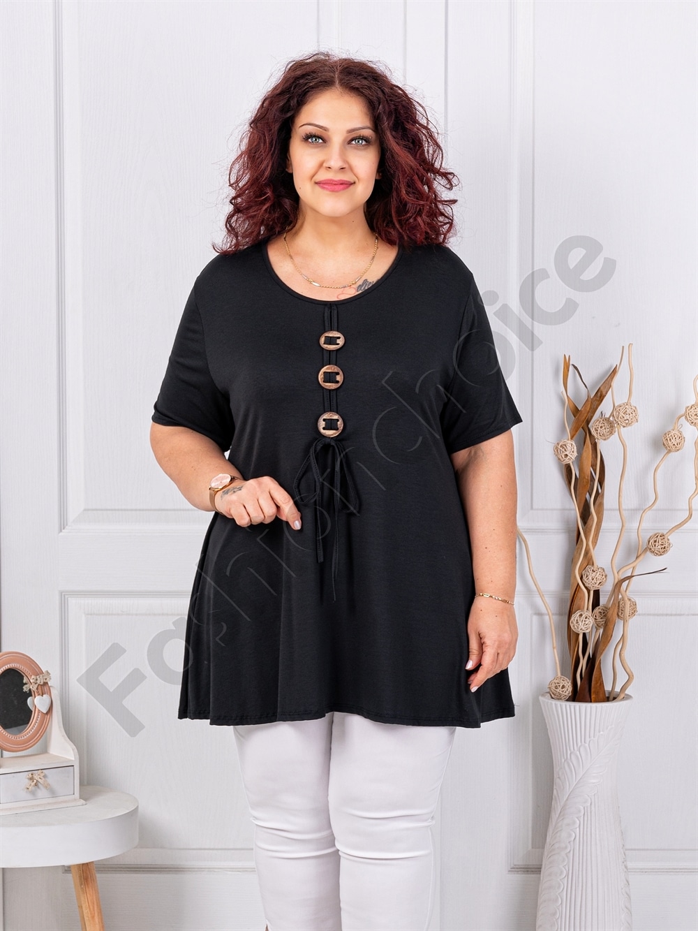 Plus size τουνίκ με τρία ξύλινα κουμπιά-μαύρο-κωδ 1683