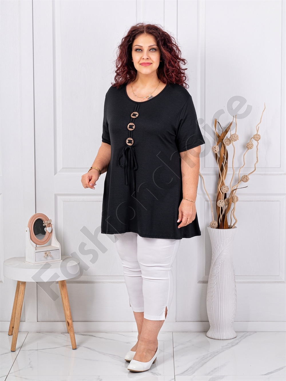 Plus size τουνίκ με τρία ξύλινα κουμπιά-μαύρο-κωδ 1683