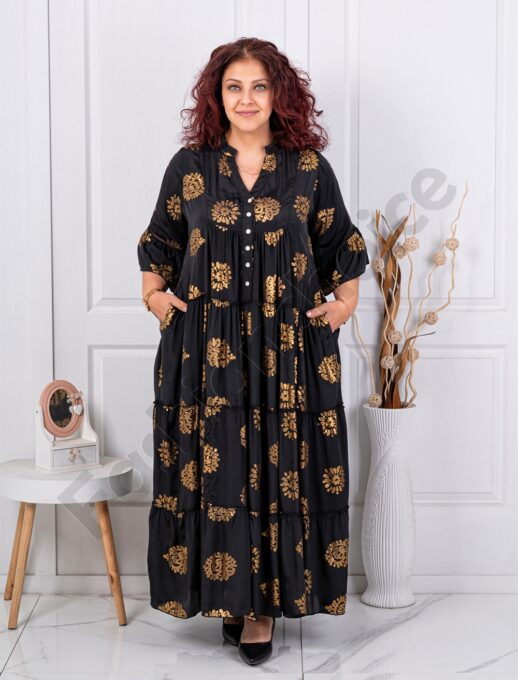 Plus size μεταξωτό φόρεμα χρυσά μοτίβα-μαύρο-κωδ 11221