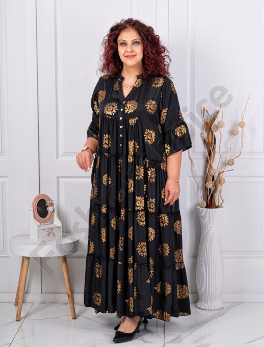 Plus size μεταξωτό φόρεμα χρυσά μοτίβα-μαύρο-κωδ 11221