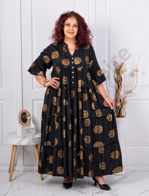 Plus size μεταξωτό φόρεμα χρυσά μοτίβα-μαύρο-κωδ 11221