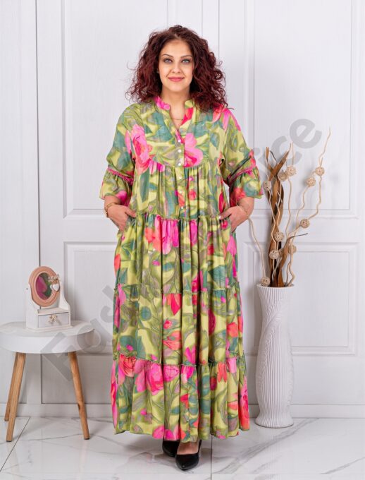 Plus size μεταξωτό φόρεμα ροζ λουλούδια-βεραμάν-κωδ Р-23
