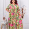Plus size μεταξωτό φόρεμα ροζ λουλούδια-βεραμάν-κωδ Р-23