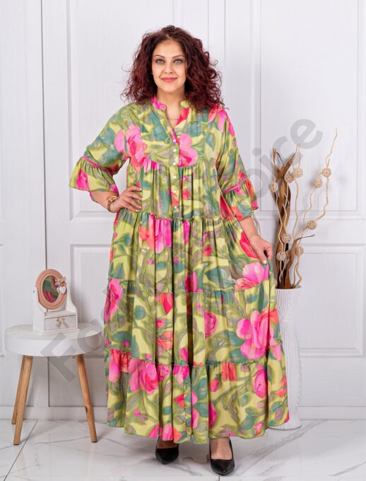 Plus size μεταξωτό φόρεμα ροζ λουλούδια-βεραμάν-κωδ Р-23