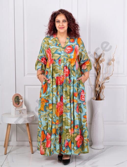 Plus size μεταξωτό φόρεμα φλόραλ-μπλε-κωδ Р-01