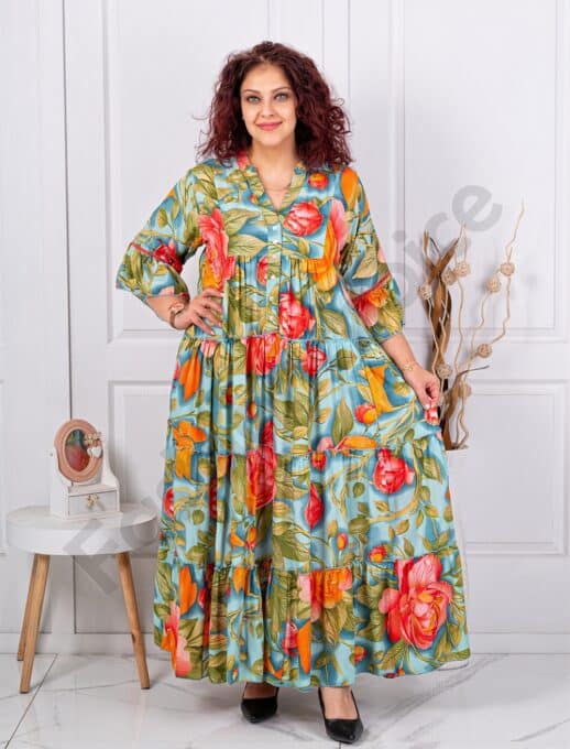 Plus size μεταξωτό φόρεμα φλόραλ-μπλε-κωδ Р-01