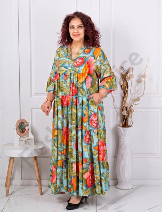 Plus size μεταξωτό φόρεμα φλόραλ-μπλε-κωδ Р-01