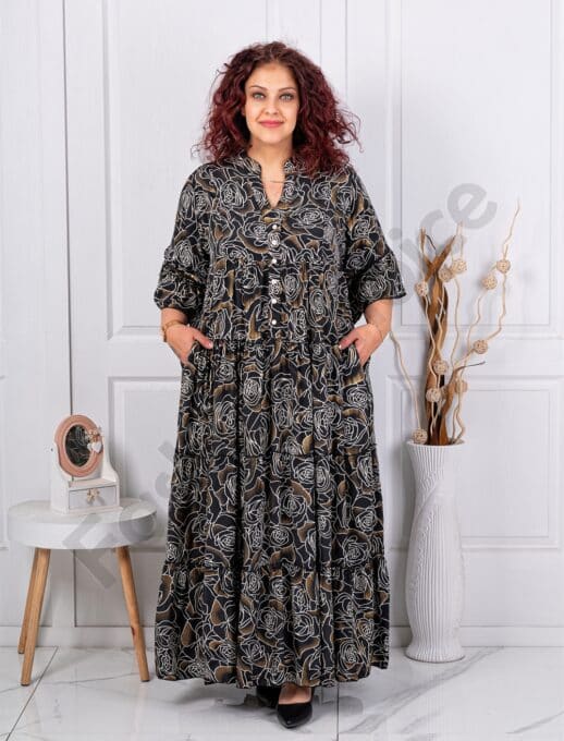 Plus size μεταξωτό φόρεμα χρυσά τριαντάφυλλα-μαύρο-κωδ P-46
