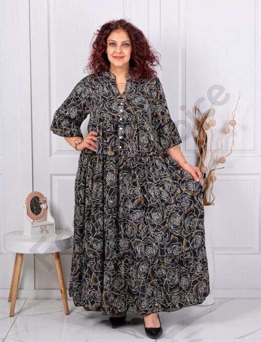 Plus size μεταξωτό φόρεμα χρυσά τριαντάφυλλα-μαύρο-κωδ P-46