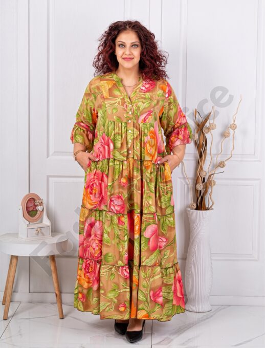 Plus size μεταξωτό φόρεμα φλόραλ-μπεζ-κωδ P-10