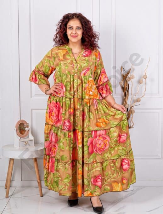 Plus size μεταξωτό φόρεμα φλόραλ-μπεζ-κωδ P-10