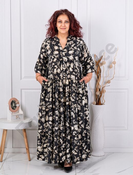 Plus size μεταξωτό φόρεμα μπεζ φύλλα-μαύρο-κωδ 4171