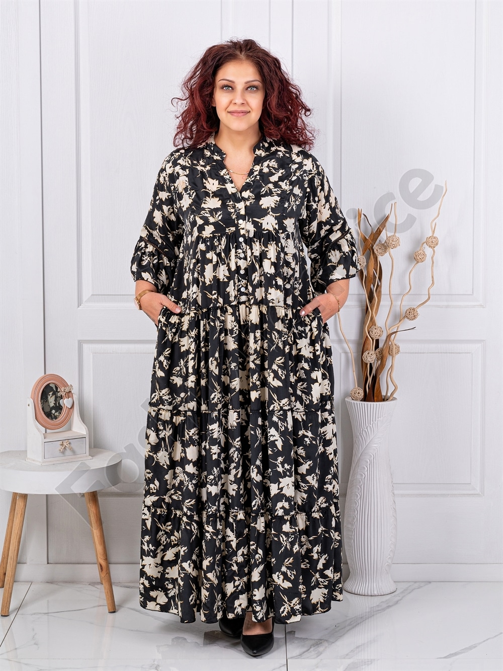 Plus size μεταξωτό φόρεμα μπεζ φύλλα-μαύρο-κωδ 4171