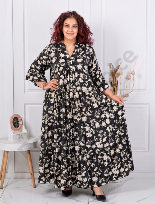 Plus size μεταξωτό φόρεμα μπεζ φύλλα-μαύρο-κωδ 4171