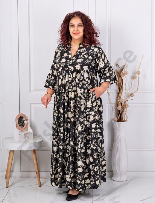 Plus size μεταξωτό φόρεμα μπεζ φύλλα-μαύρο-κωδ 4171