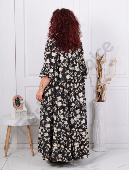 Plus size μεταξωτό φόρεμα μπεζ φύλλα-μαύρο-κωδ 4171