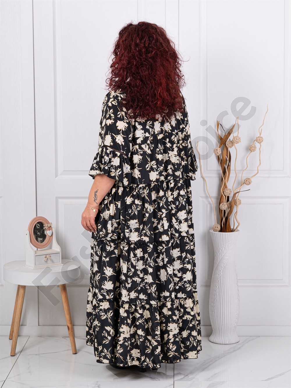 Plus size μεταξωτό φόρεμα μπεζ φύλλα-μαύρο-κωδ 4171