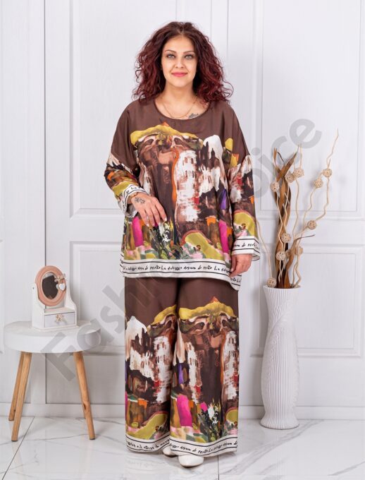 Plus size σετ παντελόνι & τουνίκ Art ντεσέν-καφέ-κωδ 24491-2