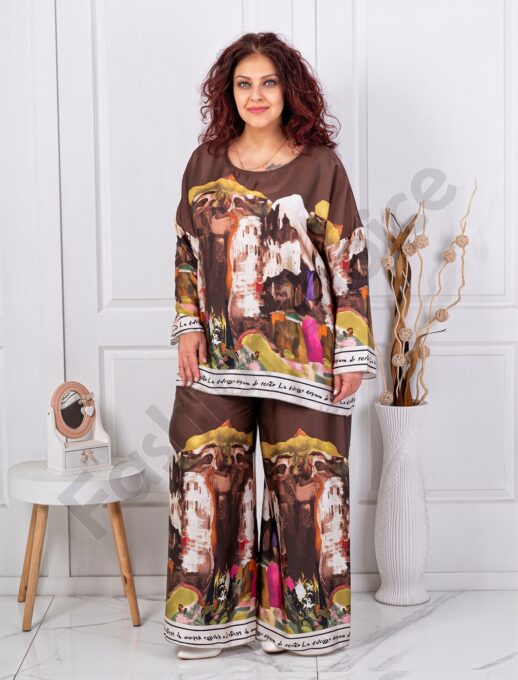 Plus size σετ παντελόνι & τουνίκ Art ντεσέν-καφέ-κωδ 24491-2