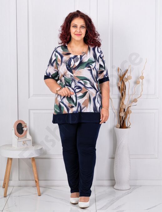 Plus size σετ παντελόνι & μπλούζα φλόραλ-πράσινο-κωδ 1487-1
