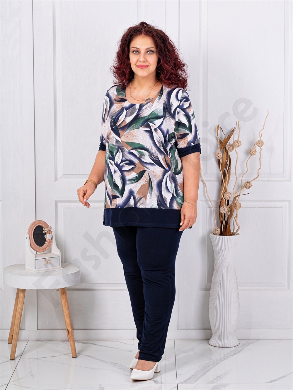 Plus size σετ παντελόνι & μπλούζα φλόραλ-πράσινο-κωδ 1487-1