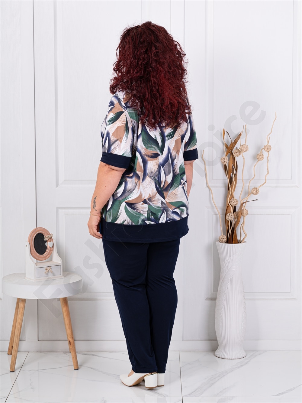 Plus size σετ παντελόνι & μπλούζα φλόραλ-πράσινο-κωδ 1487-1