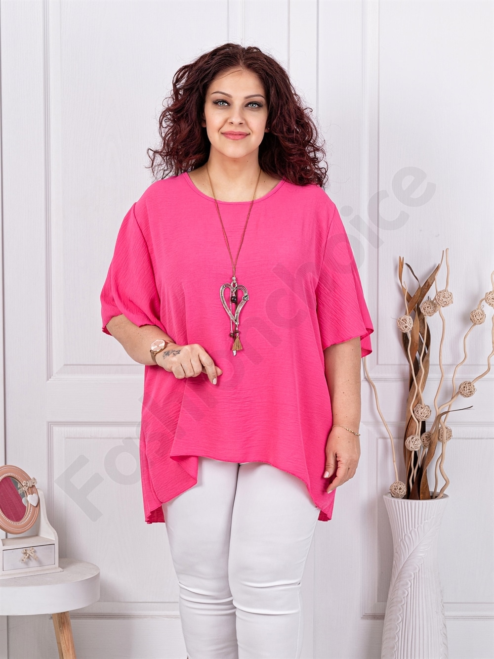 Plus size ασύμμετρη μπλούζα με πλισε πλάτη-φούξια-κωδ 10025-13
