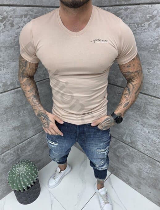 Ανδρική V μπλούζα κοντομάνικη Slim fit-μπεζ-κωδ 262012-1